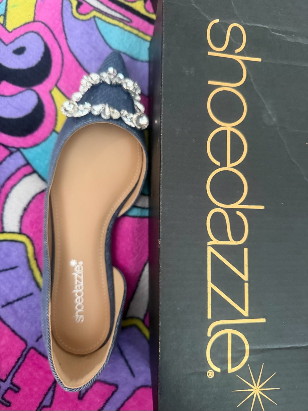 Shoe Dazzle Navy Crystal Buckle Pointed Toe Flat
